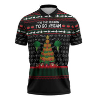 Vegan Christmas Zipper Polo Shirt with Tis the Season to Go Vegan Quote and Vegetable Tree - Wonder Print Shop
