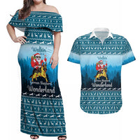 German Shepherd Christmas Couples Matching Off Shoulder Maxi Dress and Hawaiian Shirt with Walking in a Wonderland Quote and Santa Forest - Wonder Print Shop