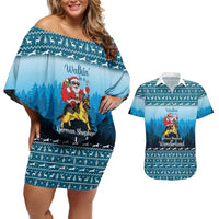 German Shepherd Christmas Couples Matching Off Shoulder Short Dress and Hawaiian Shirt with Walking in a Wonderland Quote and Santa Forest - Wonder Print Shop