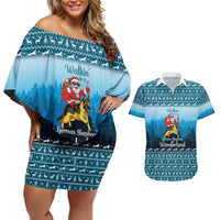 German Shepherd Christmas Couples Matching Off Shoulder Short Dress and Hawaiian Shirt with Walking in a Wonderland Quote and Santa Forest - Wonder Print Shop