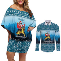 German Shepherd Christmas Couples Matching Off Shoulder Short Dress and Long Sleeve Button Shirt with Walking in a Wonderland Quote and Santa Forest - Wonder Print Shop