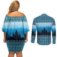 German Shepherd Christmas Couples Matching Off Shoulder Short Dress and Long Sleeve Button Shirt with Walking in a Wonderland Quote and Santa Forest - Wonder Print Shop