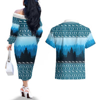 German Shepherd Christmas Couples Matching Off The Shoulder Long Sleeve Dress and Hawaiian Shirt with Walking in a Wonderland Quote and Santa Forest - Wonder Print Shop