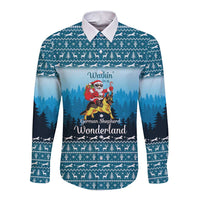 German Shepherd Christmas Long Sleeve Button Shirt with Walking in a Wonderland Quote and Santa Forest - Wonder Print Shop