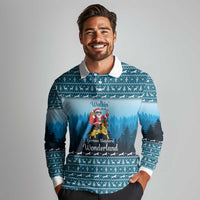 German Shepherd Christmas Long Sleeve Polo Shirt with Walking in a Wonderland Quote and Santa Forest - Wonder Print Shop