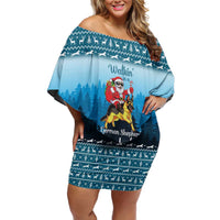 German Shepherd Christmas Off Shoulder Short Dress with Walking in a Wonderland Quote and Santa Forest - Wonder Print Shop