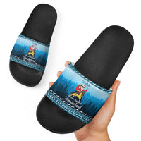 German Shepherd Christmas Slide Sandals with Walking in a Wonderland Quote and Santa Forest - Wonder Print Shop