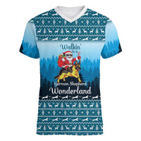 German Shepherd Christmas Women V-Neck T-Shirt with Walking in a Wonderland Quote and Santa Forest - Wonder Print Shop