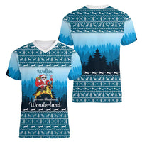 German Shepherd Christmas Women V-Neck T-Shirt with Walking in a Wonderland Quote and Santa Forest - Wonder Print Shop