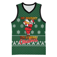 Funny Whiskey Christmas Basketball Jersey with Santa Holding Mug and We Whiskey You a Merry Christmas Quote - Wonder Print Shop