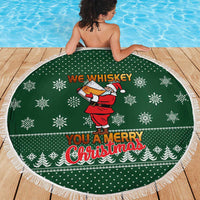 Funny Whiskey Christmas Beach Blanket with Santa Holding Mug and We Whiskey You a Merry Christmas Quote - Wonder Print Shop