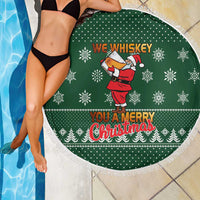 Funny Whiskey Christmas Beach Blanket with Santa Holding Mug and We Whiskey You a Merry Christmas Quote - Wonder Print Shop