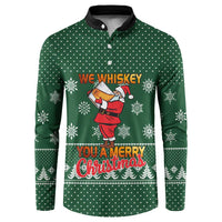 Funny Whiskey Christmas Button Sweatshirt with Santa Holding Mug and We Whiskey You a Merry Christmas Quote - Wonder Print Shop