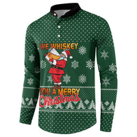 Funny Whiskey Christmas Button Sweatshirt with Santa Holding Mug and We Whiskey You a Merry Christmas Quote - Wonder Print Shop