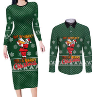 Funny Whiskey Christmas Couples Matching Long Sleeve Bodycon Dress and Long Sleeve Button Shirt with Santa Holding Mug and We Whiskey You a Merry Christmas Quote - Wonder Print Shop