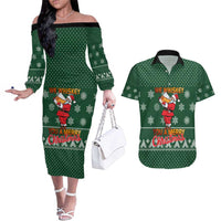 Funny Whiskey Christmas Couples Matching Off The Shoulder Long Sleeve Dress and Hawaiian Shirt with Santa Holding Mug and We Whiskey You a Merry Christmas Quote - Wonder Print Shop