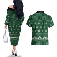 Funny Whiskey Christmas Couples Matching Off The Shoulder Long Sleeve Dress and Hawaiian Shirt with Santa Holding Mug and We Whiskey You a Merry Christmas Quote - Wonder Print Shop