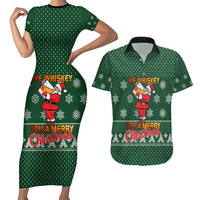 Funny Whiskey Christmas Couples Matching Short Sleeve Bodycon Dress and Hawaiian Shirt with Santa Holding Mug and We Whiskey You a Merry Christmas Quote - Wonder Print Shop