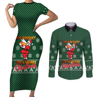 Funny Whiskey Christmas Couples Matching Short Sleeve Bodycon Dress and Long Sleeve Button Shirt with Santa Holding Mug and We Whiskey You a Merry Christmas Quote - Wonder Print Shop