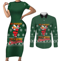 Funny Whiskey Christmas Couples Matching Short Sleeve Bodycon Dress and Long Sleeve Button Shirt with Santa Holding Mug and We Whiskey You a Merry Christmas Quote - Wonder Print Shop