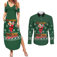 Funny Whiskey Christmas Couples Matching Summer Maxi Dress and Long Sleeve Button Shirt with Santa Holding Mug and We Whiskey You a Merry Christmas Quote - Wonder Print Shop