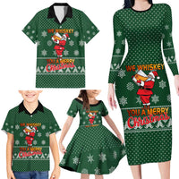 Funny Whiskey Christmas Family Matching Long Sleeve Bodycon Dress and Hawaiian Shirt with Santa Holding Mug and We Whiskey You a Merry Christmas Quote - Wonder Print Shop