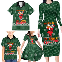 Funny Whiskey Christmas Family Matching Long Sleeve Bodycon Dress and Hawaiian Shirt with Santa Holding Mug and We Whiskey You a Merry Christmas Quote - Wonder Print Shop