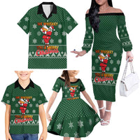 Funny Whiskey Christmas Family Matching Off The Shoulder Long Sleeve Dress and Hawaiian Shirt with Santa Holding Mug and We Whiskey You a Merry Christmas Quote - Wonder Print Shop