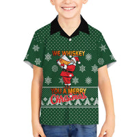 Funny Whiskey Christmas Family Matching Off The Shoulder Long Sleeve Dress and Hawaiian Shirt with Santa Holding Mug and We Whiskey You a Merry Christmas Quote - Wonder Print Shop