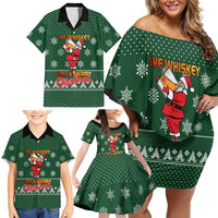 Funny Whiskey Christmas Family Matching Off Shoulder Short Dress and Hawaiian Shirt with Santa Holding Mug and We Whiskey You a Merry Christmas Quote - Wonder Print Shop