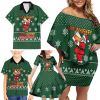 Funny Whiskey Christmas Family Matching Off Shoulder Short Dress and Hawaiian Shirt with Santa Holding Mug and We Whiskey You a Merry Christmas Quote - Wonder Print Shop