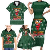 Funny Whiskey Christmas Family Matching Short Sleeve Bodycon Dress and Hawaiian Shirt with Santa Holding Mug and We Whiskey You a Merry Christmas Quote - Wonder Print Shop
