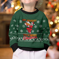 Funny Whiskey Christmas Kid Ugly Christmas Sweater with Santa Holding Mug and We Whiskey You a Merry Christmas Quote - Wonder Print Shop