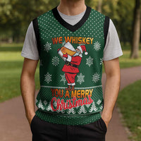 Funny Whiskey Christmas Knitted V-Neck Vest with Santa Holding Mug and We Whiskey You a Merry Christmas Quote - Wonder Print Shop