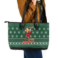 Funny Whiskey Christmas Leather Tote Bag with Santa Holding Mug and We Whiskey You a Merry Christmas Quote - Wonder Print Shop