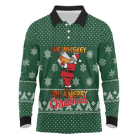 Funny Whiskey Christmas Long Sleeve Polo Shirt with Santa Holding Mug and We Whiskey You a Merry Christmas Quote - Wonder Print Shop