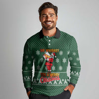 Funny Whiskey Christmas Long Sleeve Polo Shirt with Santa Holding Mug and We Whiskey You a Merry Christmas Quote - Wonder Print Shop