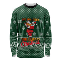 Funny Whiskey Christmas Long Sleeve Shirt with Santa Holding Mug and We Whiskey You a Merry Christmas Quote - Wonder Print Shop