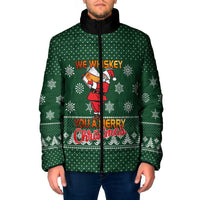 Funny Whiskey Christmas Padded Jacket with Santa Holding Mug and We Whiskey You a Merry Christmas Quote - Wonder Print Shop