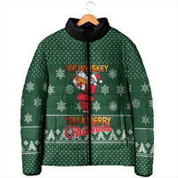 Funny Whiskey Christmas Padded Jacket with Santa Holding Mug and We Whiskey You a Merry Christmas Quote - Wonder Print Shop