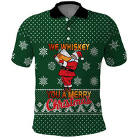 Funny Whiskey Christmas Polo Shirt with Santa Holding Mug and We Whiskey You a Merry Christmas Quote - Wonder Print Shop