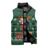 Funny Whiskey Christmas Sleeveless Puffer Jacket with Santa Holding Mug and We Whiskey You a Merry Christmas Quote - Wonder Print Shop