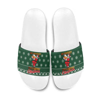 Funny Whiskey Christmas Slide Sandals with Santa Holding Mug and We Whiskey You a Merry Christmas Quote - Wonder Print Shop