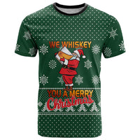 Funny Whiskey Christmas T Shirt with Santa Holding Mug and We Whiskey You a Merry Christmas Quote - Wonder Print Shop
