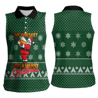 Funny Whiskey Christmas Women Sleeveless Polo Shirt with Santa Holding Mug and We Whiskey You a Merry Christmas Quote - Wonder Print Shop