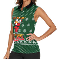 Funny Whiskey Christmas Women Sleeveless Polo Shirt with Santa Holding Mug and We Whiskey You a Merry Christmas Quote - Wonder Print Shop