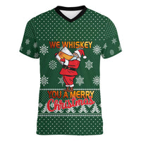 Funny Whiskey Christmas Women V-Neck T-Shirt with Santa Holding Mug and We Whiskey You a Merry Christmas Quote - Wonder Print Shop