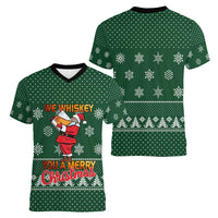 Funny Whiskey Christmas Women V-Neck T-Shirt with Santa Holding Mug and We Whiskey You a Merry Christmas Quote - Wonder Print Shop