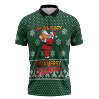 Funny Whiskey Christmas Zipper Polo Shirt with Santa Holding Mug and We Whiskey You a Merry Christmas Quote - Wonder Print Shop