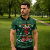 Funny Whiskey Christmas Zipper Polo Shirt with Santa Holding Mug and We Whiskey You a Merry Christmas Quote - Wonder Print Shop